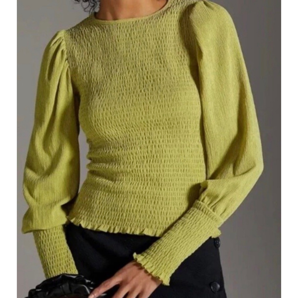 Women's Anthropologie Green Smocked Long Puff Sleeve Tee XS